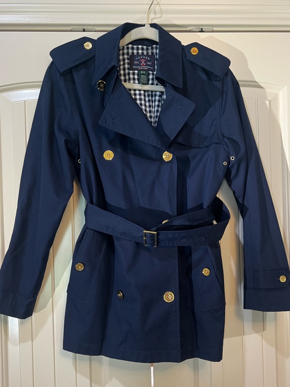 Lauren Ralph Lauren Navy Blue Double Breasted Belted Trench Coat Gold Buttons SP